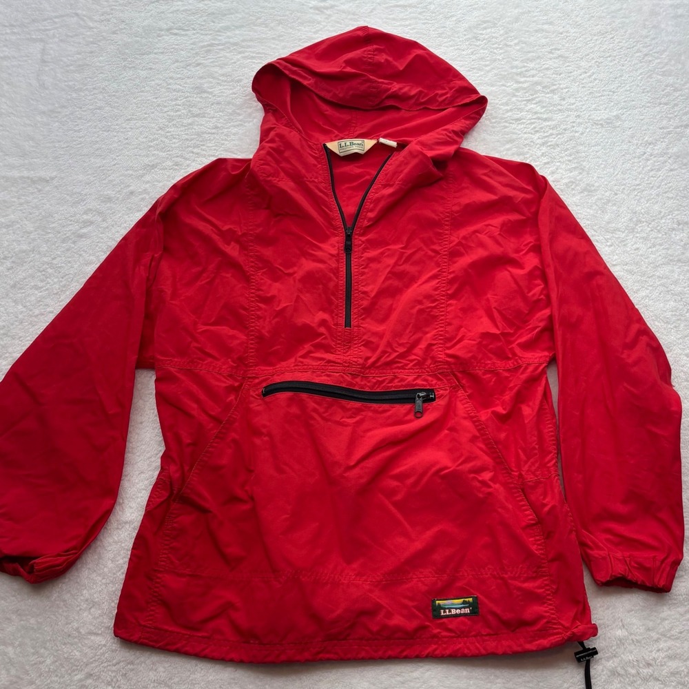 Vintage LL Bean Red Nylon Anorak Jacket Half Zip Hooded Made in USA Womens M